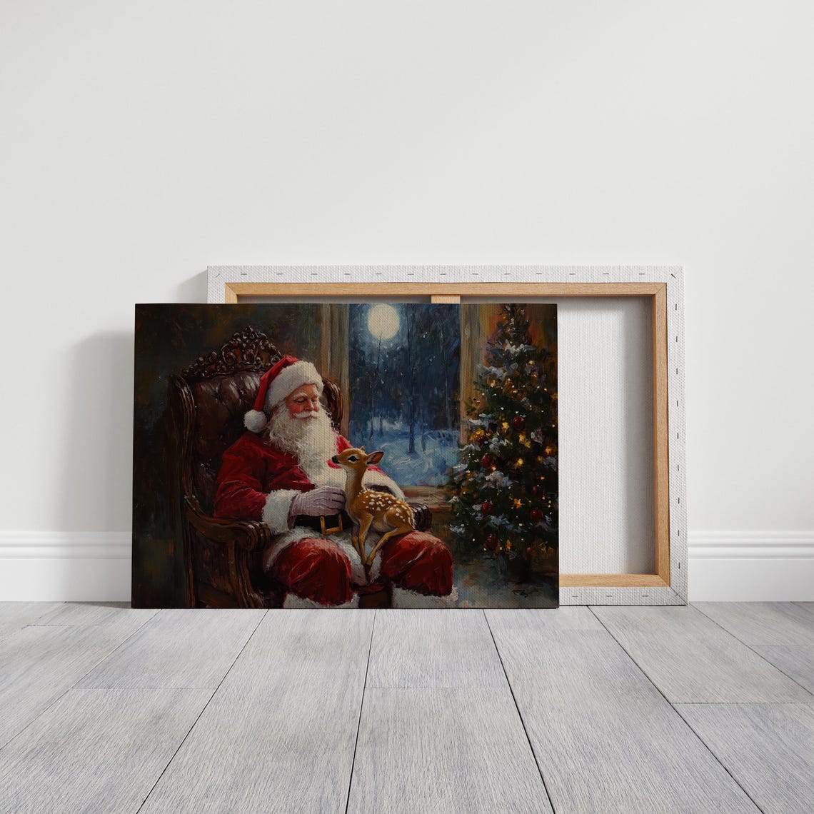 Santa Claus Holding A Baby Reindeer By A Moonlit Christmas Tree Poster - Image 7