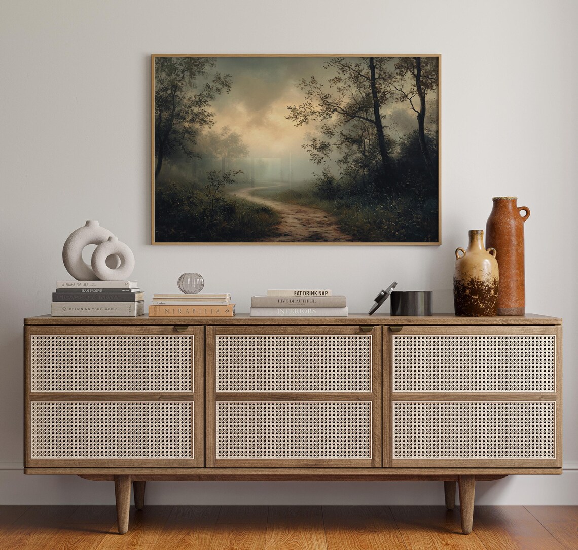 Misty Forest Trail At Sunrise, Rustic Landscape Art Print - Image 2