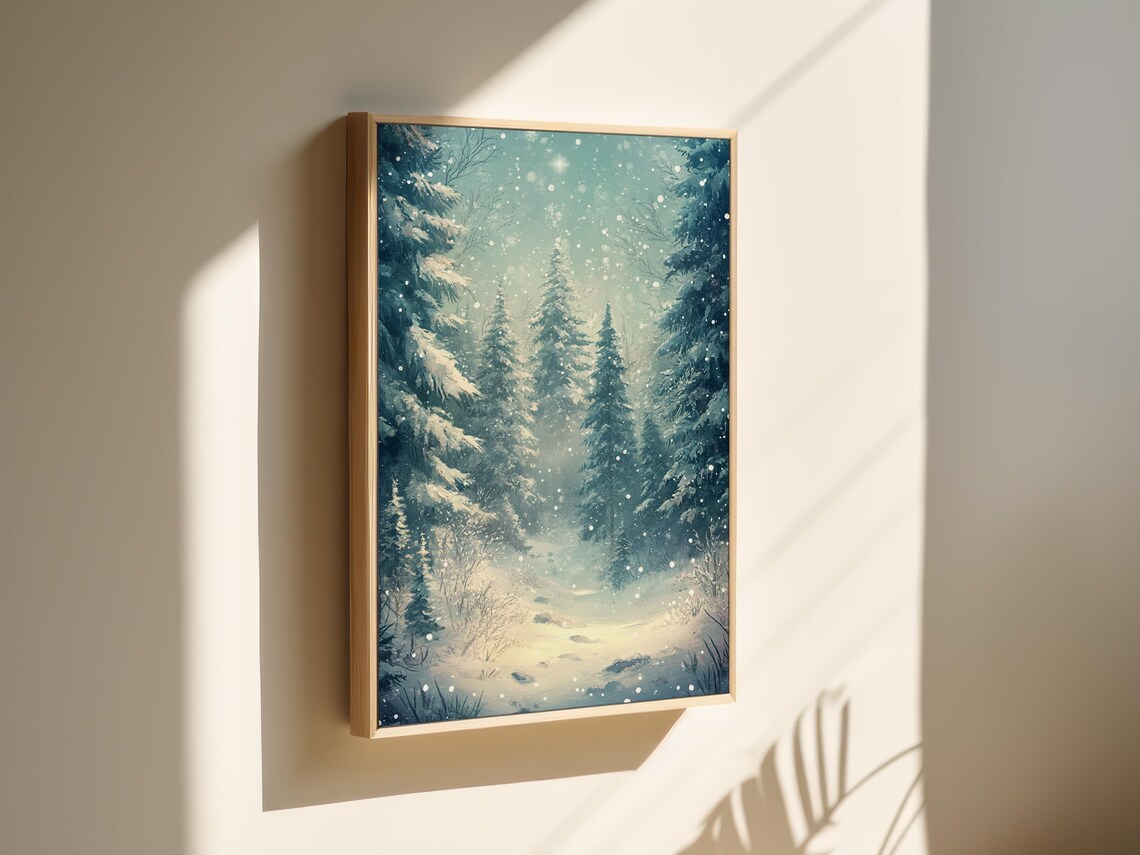 Snow Covered Pine Forest Path Falling Snowflakes Serene Winter Wall Art - Image 4