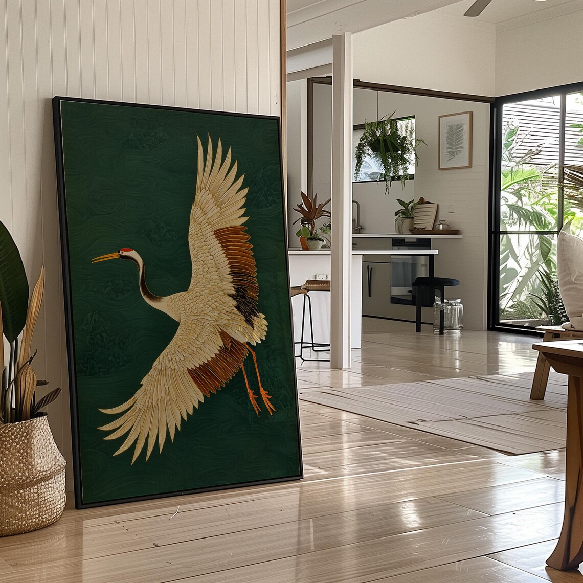 Golden Crane in Flight Emerald Green Sky Japanese Style Bird Poster