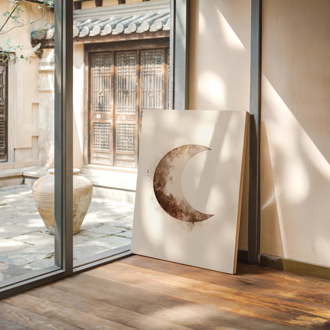 Minimalist Brown Crescent Moon Watercolor Celestial Wall Art - Image 2