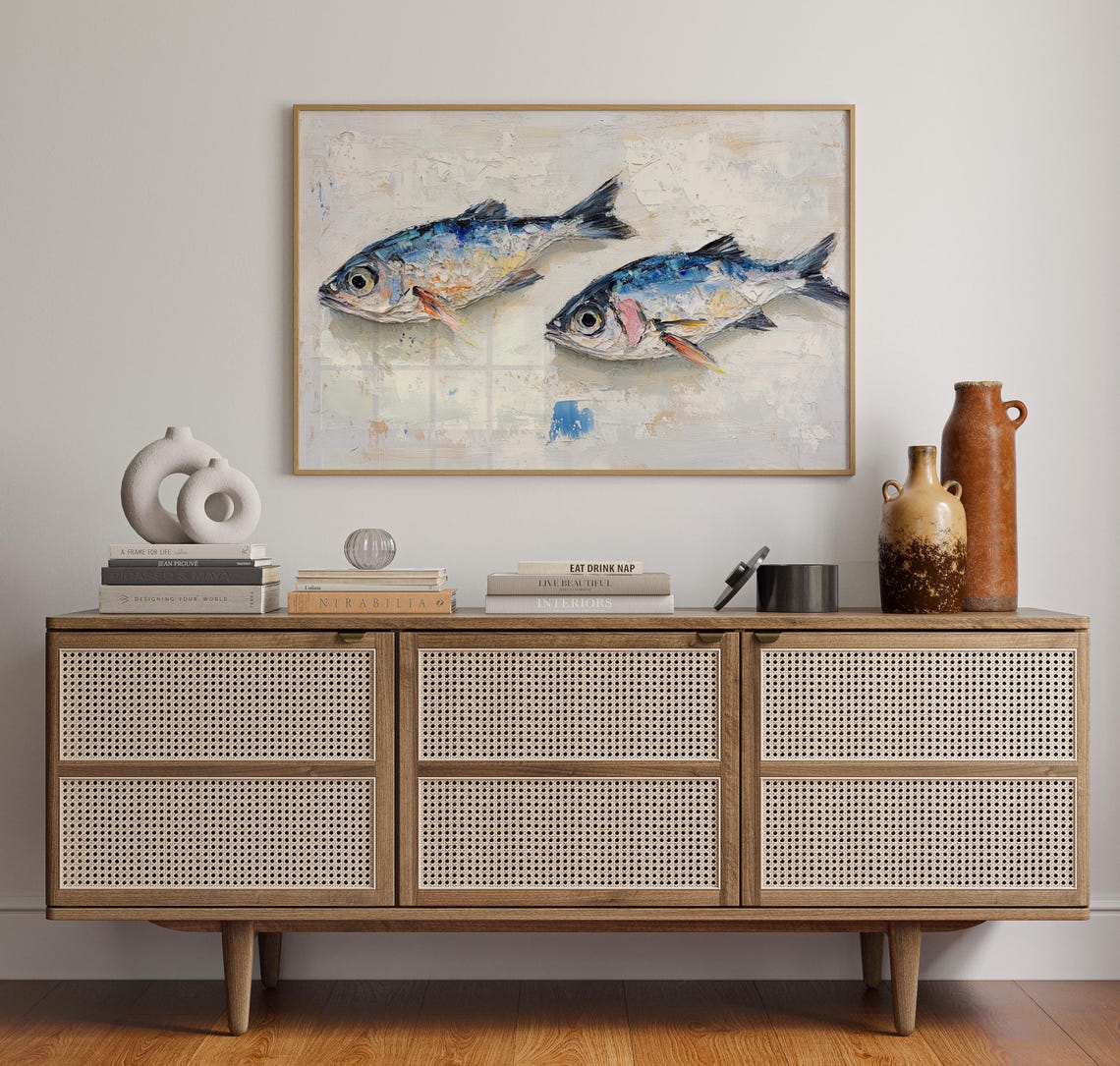 Two Fish Bright Blue Bold Textured Brushstroke Nautical Poster