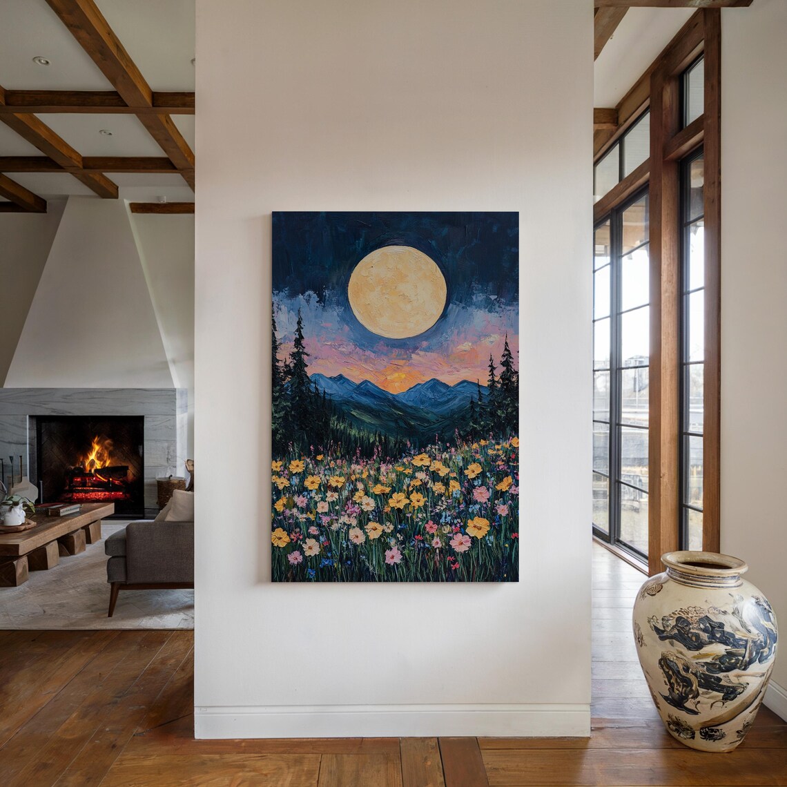 Moonlit Wildflower Meadow Vibrant Night Landscape Full Moon Poster - Image 3