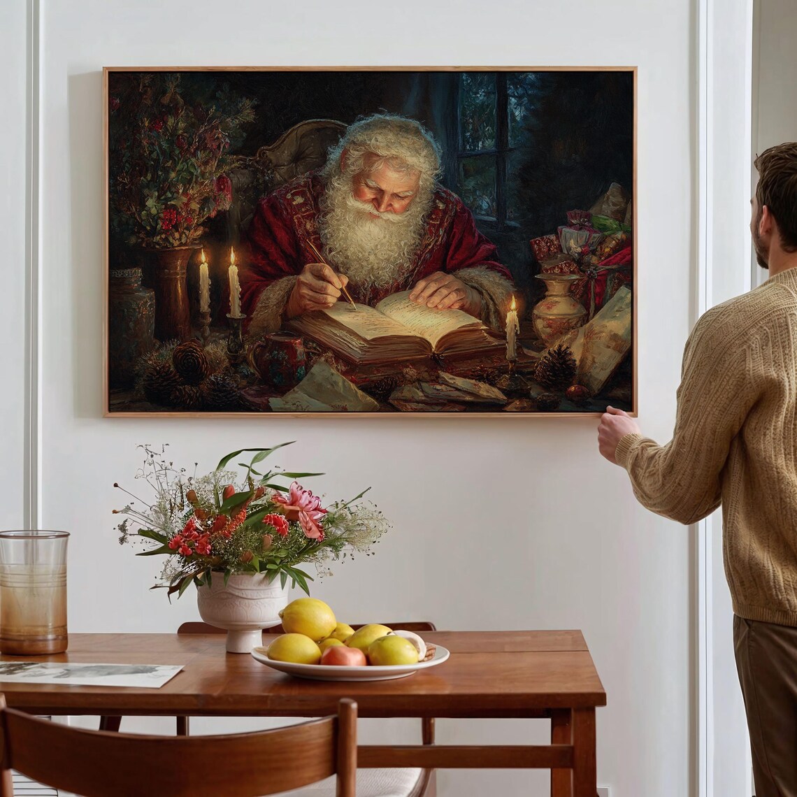 Santa Writing His List, Vintage Christmas Oil Painting - Image 4