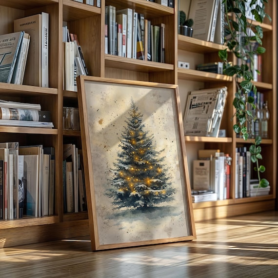 Snowy Christmas Tree With Warm Lights Vintage Watercolor Art Poster