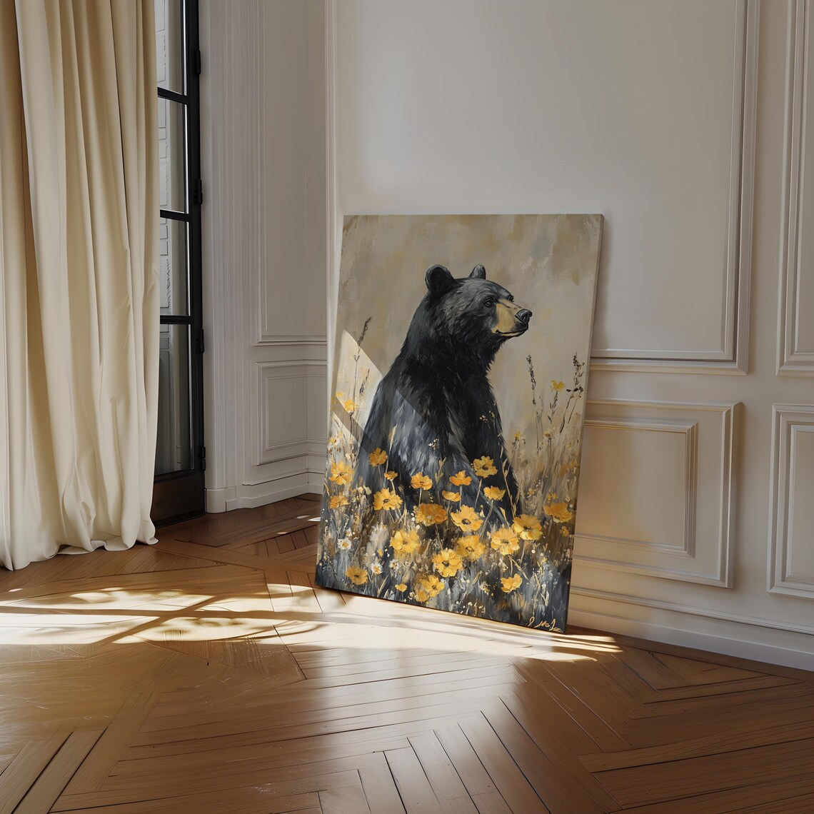 Black Bear With Golden Wildflowers Art Print - Image 4