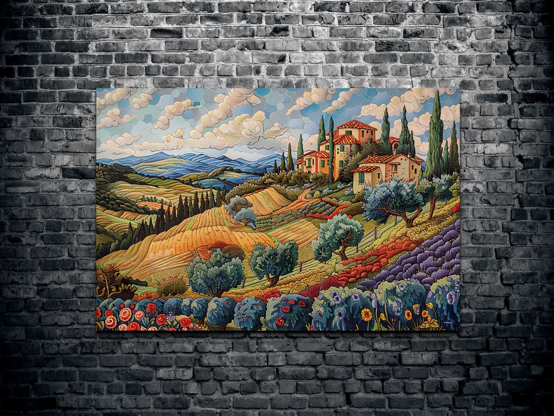 Tuscan Hillside Villa Vineyard Mosaic Style Italian Countryside Print - Image 2