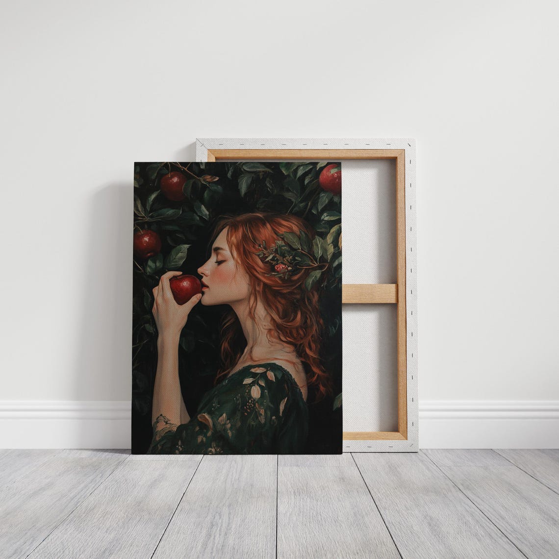 Redhead Woman Holding Red Apple Among Orchard Branches Portrait Poster - Image 3