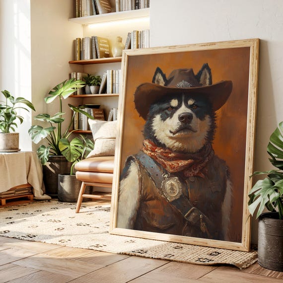 Cowboy Husky Wall Art Western Sheriff Dog Portrait Canvas Funny Rustic Print For Country Home Decor