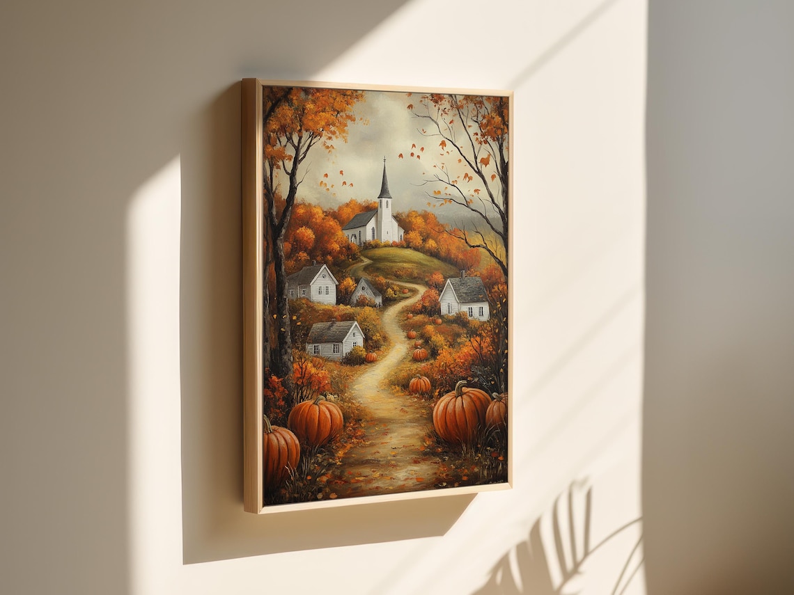 Autumn Village With White Church Winding Path And Pumpkins Wall Art