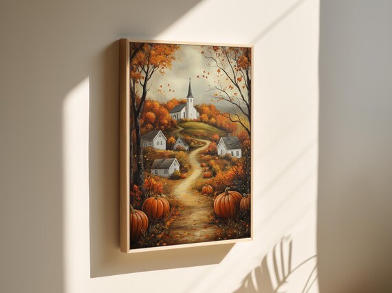 Autumn Village With White Church Winding Path And Pumpkins Wall Art