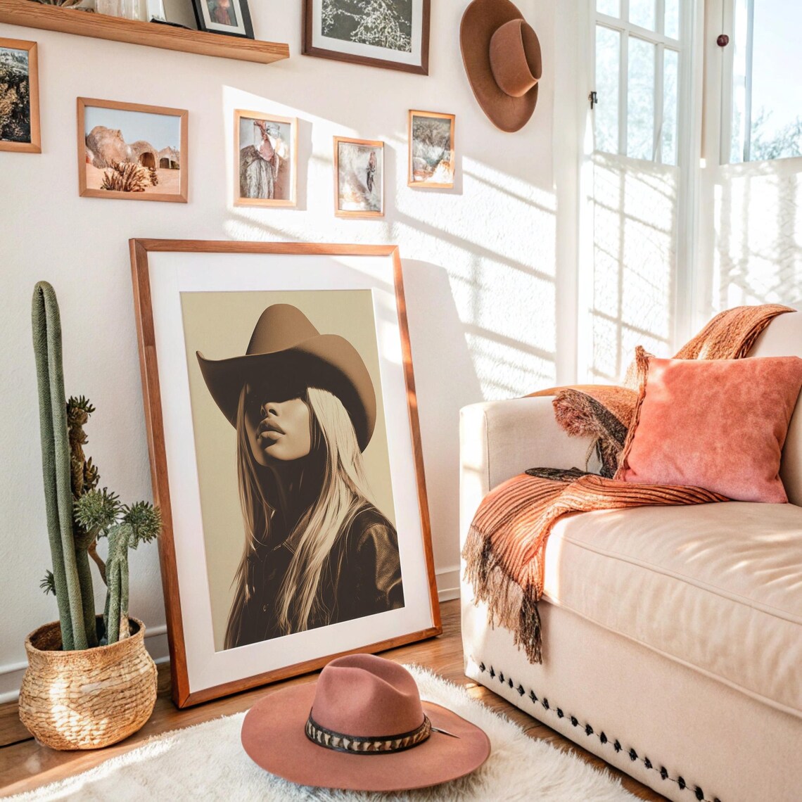 Sepia Portrait Of Blonde Cowgirl In Wide Brim Cowboy Hat Poster