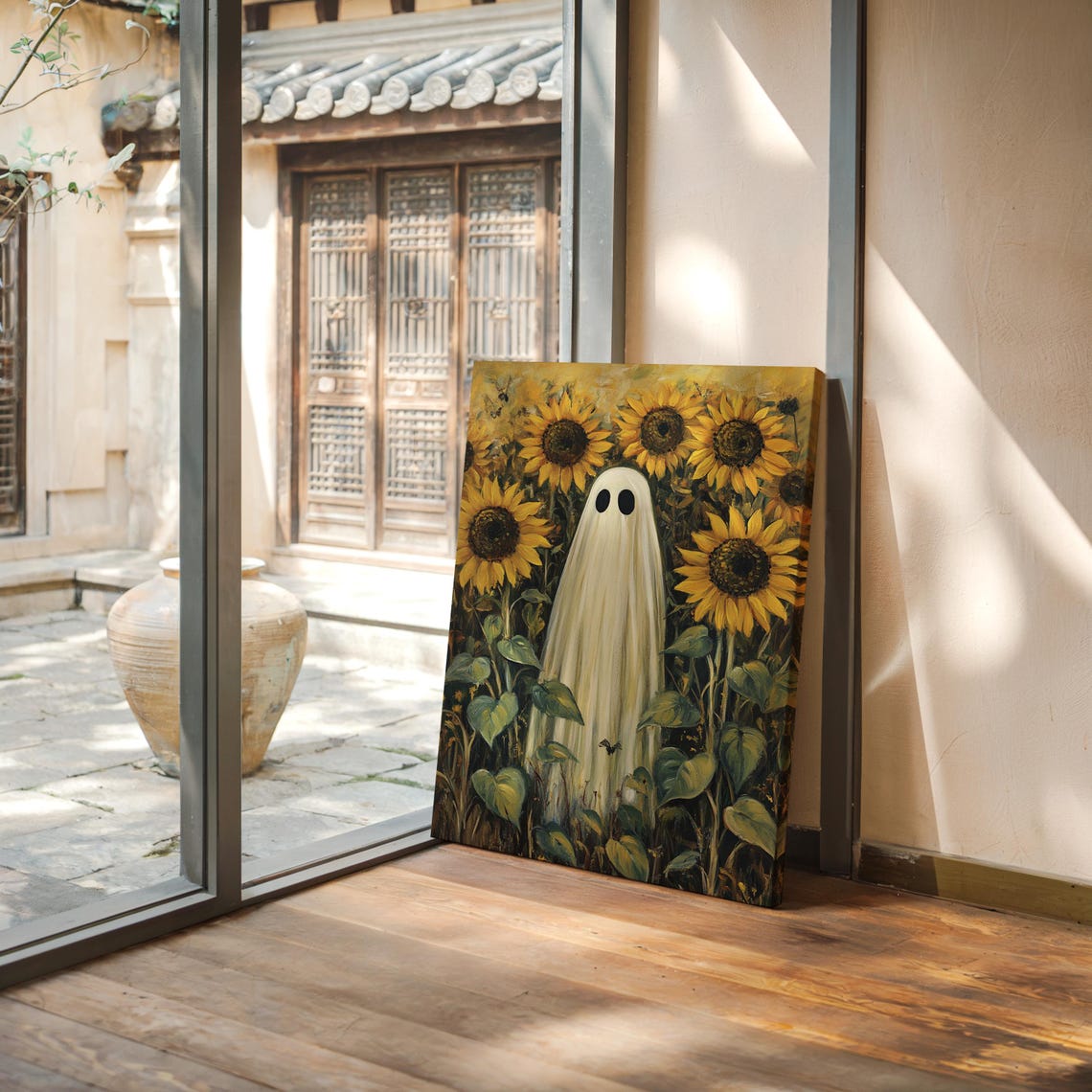 Cute Ghost In Sunflower Field Vintage Halloween Spooky Art Poster - Image 3