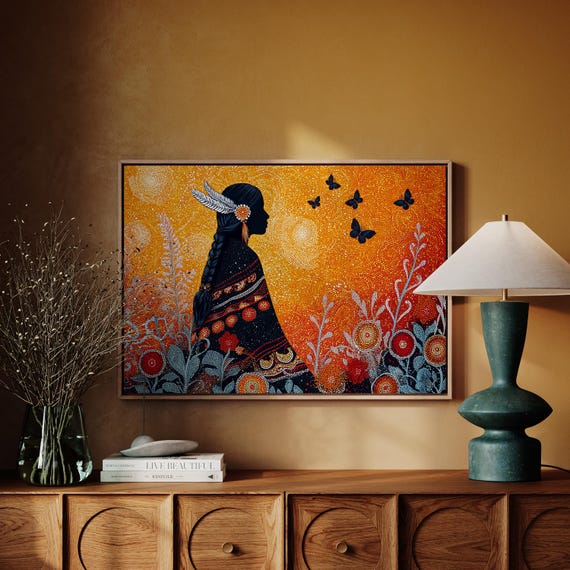 Native Woman Silhouette Art Dot Painted Sunset With Butterflies And Braided Hair In Traditional Indigenous Floral Patterned Shawl