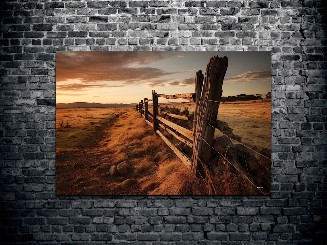 Rustic Wooden Fence Across Golden Field At Sunset Photo Poster - Image 2