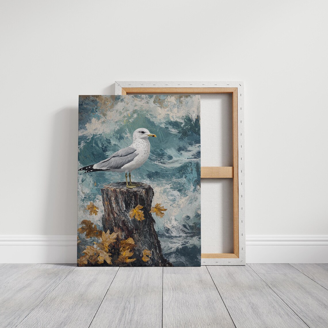 Seagull Perched on a Weathered Stump Among Ocean Waves and Leaves Poster - Image 6
