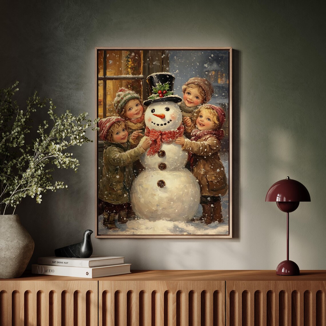 Children Building Snowman Vintage Christmas Holiday Season Poster - Image 6