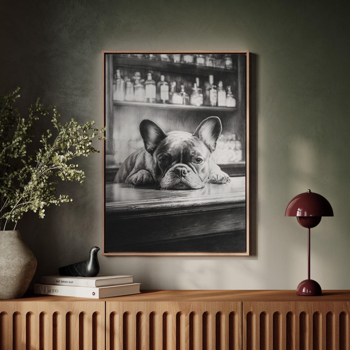 French Bulldog Resting at Vintage Bar Monochrome Sketch Poster