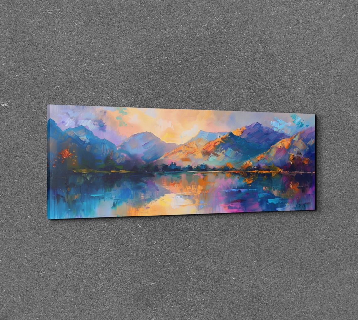 Golden Sunset Mountains Reflecting on Calm Lake Oil Style Art Poster - Image 3