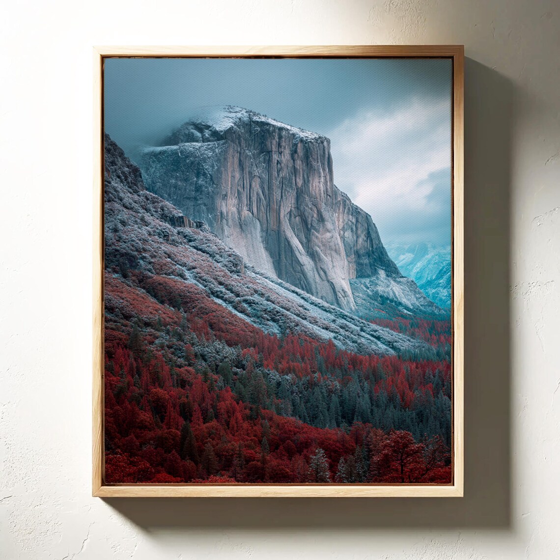 Snow Capped Granite Cliff Above Red Autumn Forest Nature Photo Poster