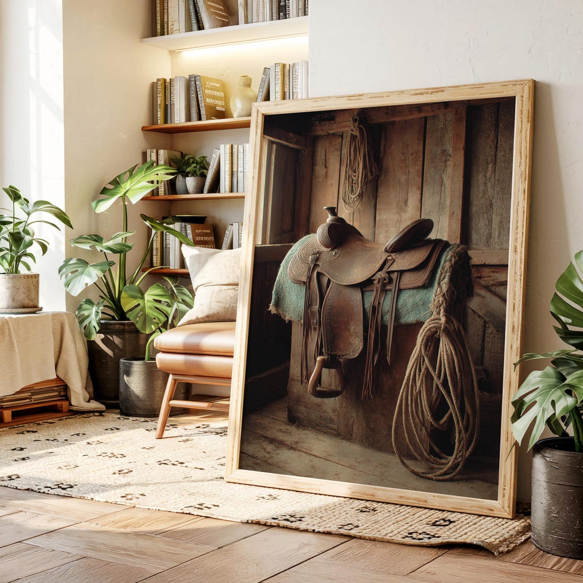 Western Leather Saddle Hanging In Rustic Barn With Lasso Print