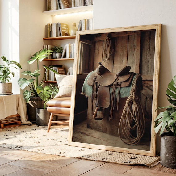 Western Leather Saddle Hanging In Rustic Barn With Lasso Print