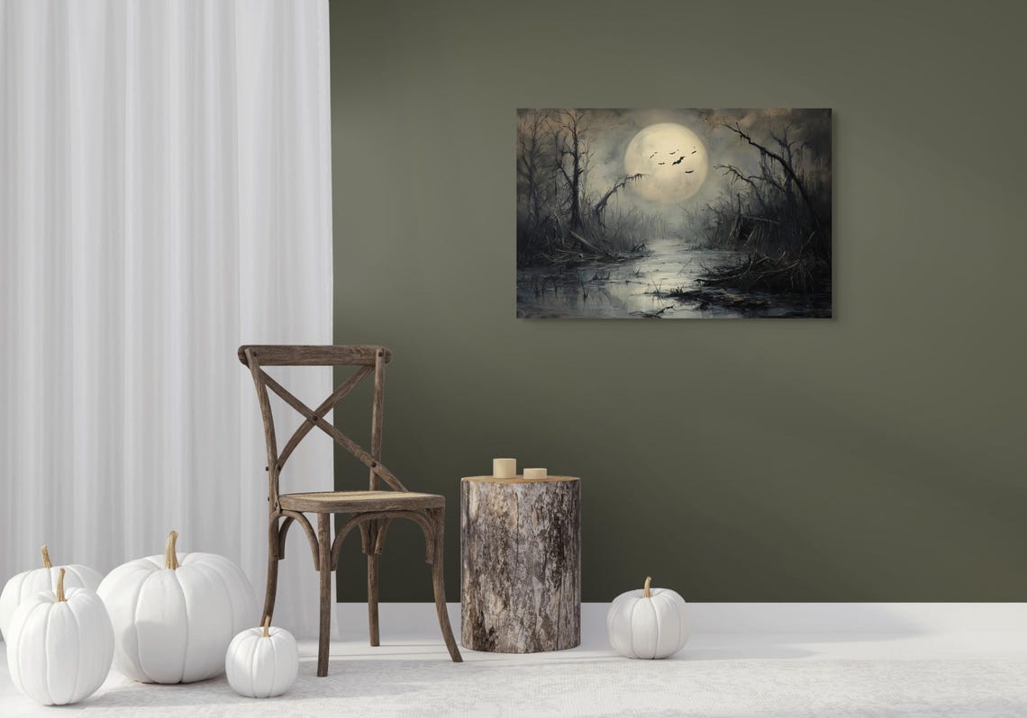 Haunted Swamp Under Full Moon With Bats Moody Halloween Poster - Image 4