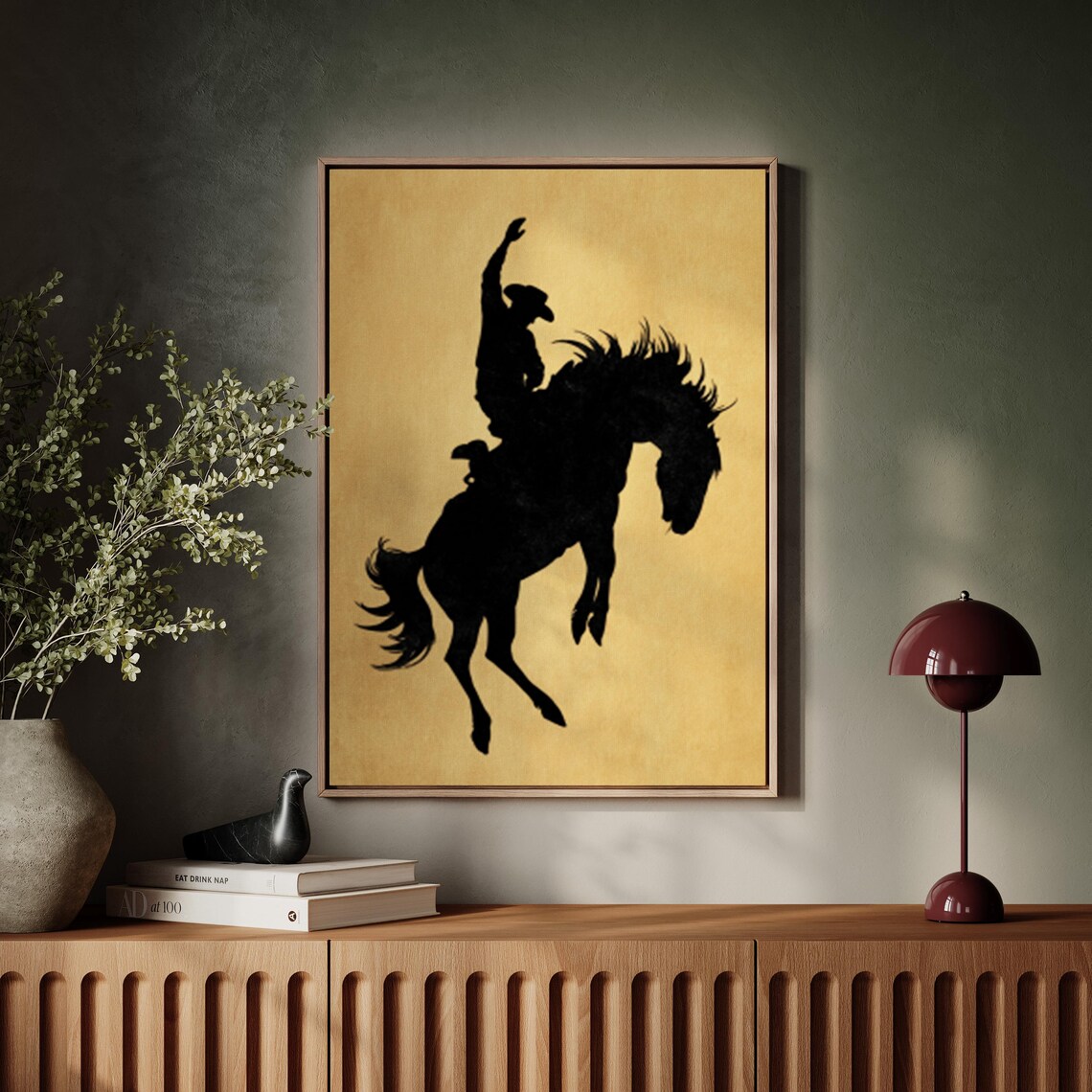 Bucking Bronc Rider Silhouette on Textured Gold Background Poster
