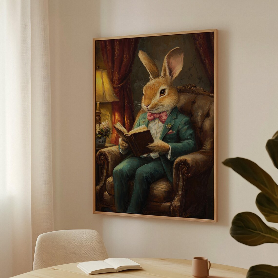 Gentleman Rabbit in Green Suit Reading Book in Library Chair Poster - Image 4