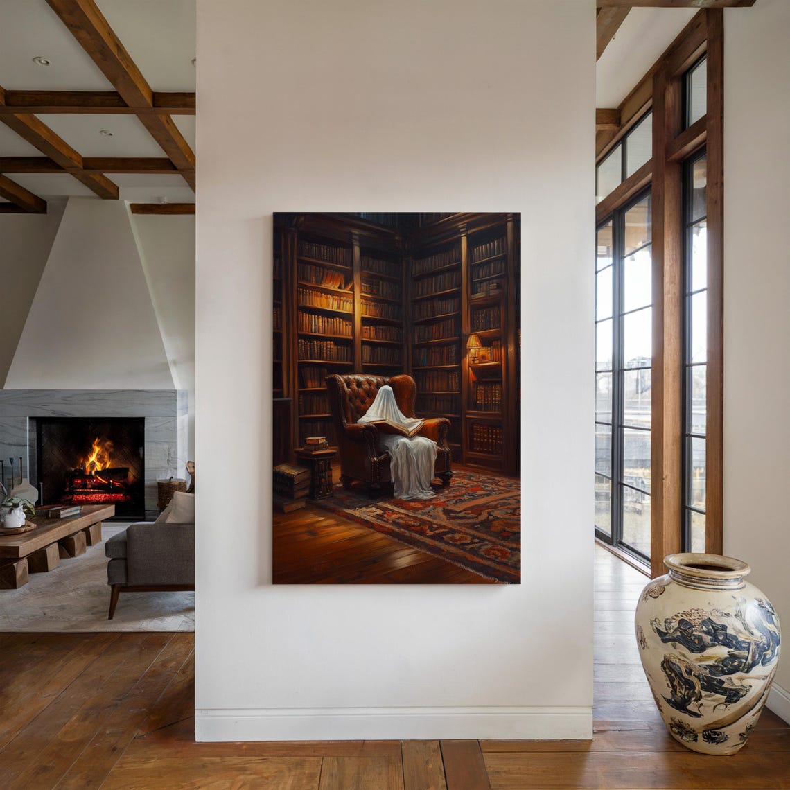 Ghost Reading Book In Cozy Vintage Library Dark Academia Wall Art - Image 3