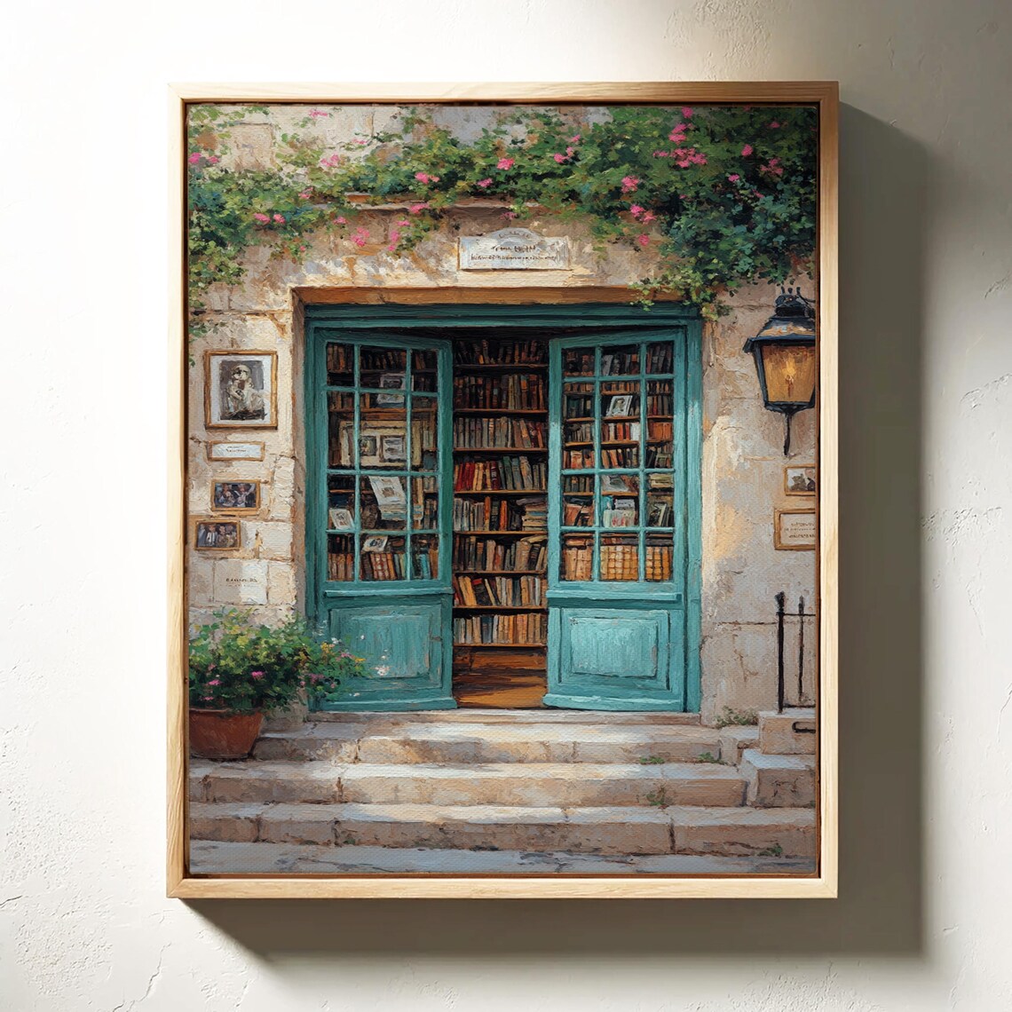 Old European Bookstore Teal Door Stone Facade Flowering Vines Cozy Poster - Image 2