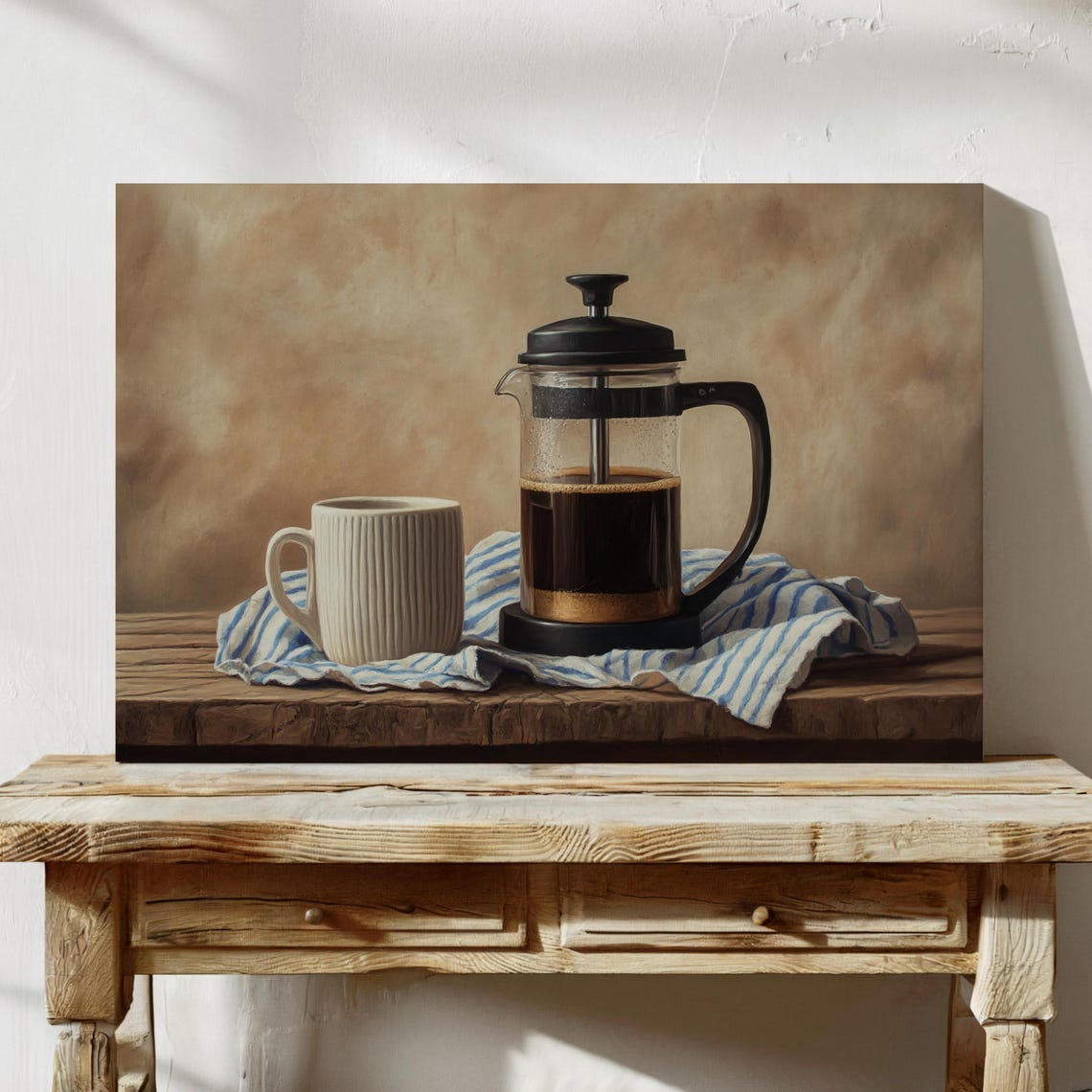French Press Coffee Still Life Rustic Kitchen Oil Painting Poster
