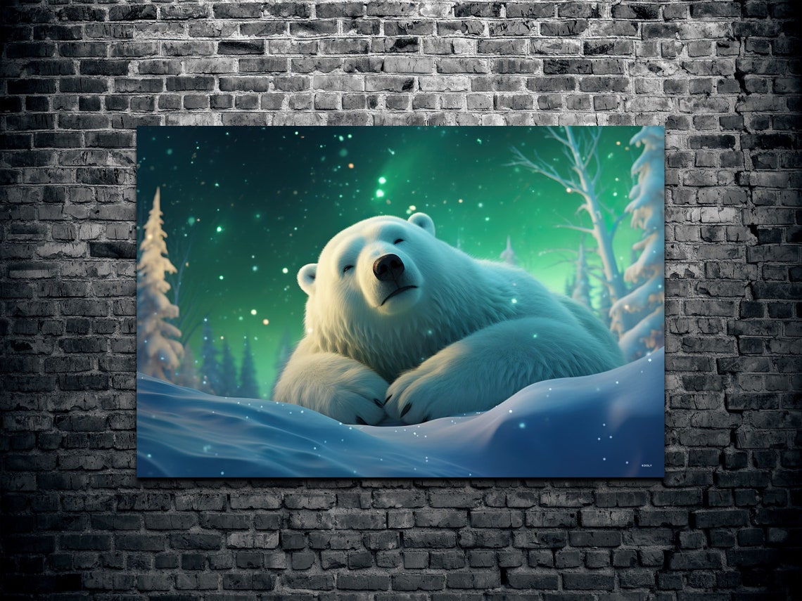 Sleeping Polar Bear Northern Lights Aurora Winter Wonderland Wall Art - Image 2