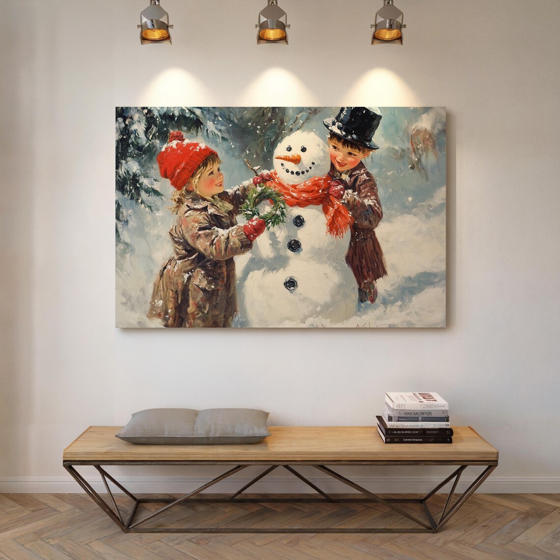 Kids Decorating Snowman Wreath Vintage Christmas Winter Art Poster - Image 5
