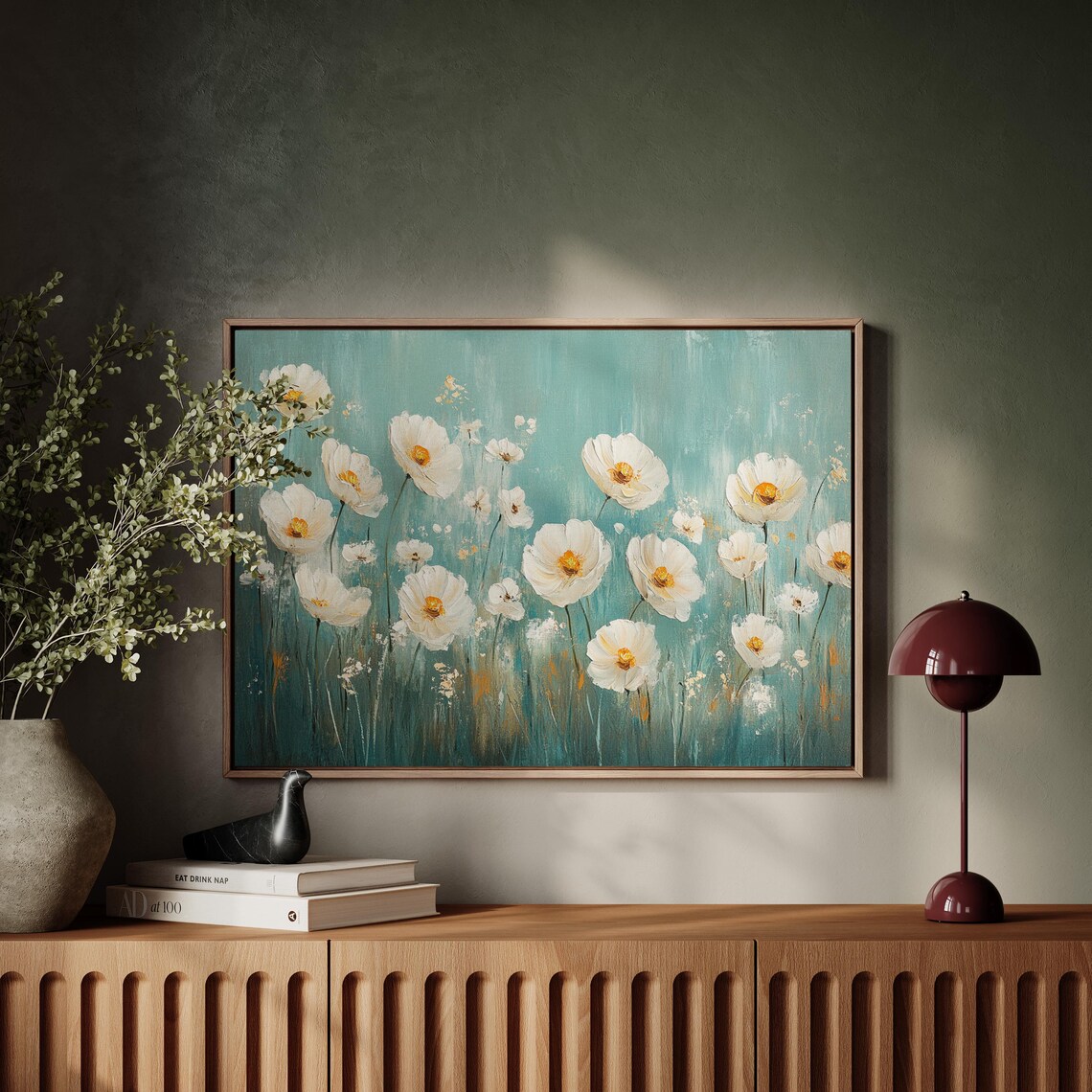 White Poppies Art Print, Turquoise Background