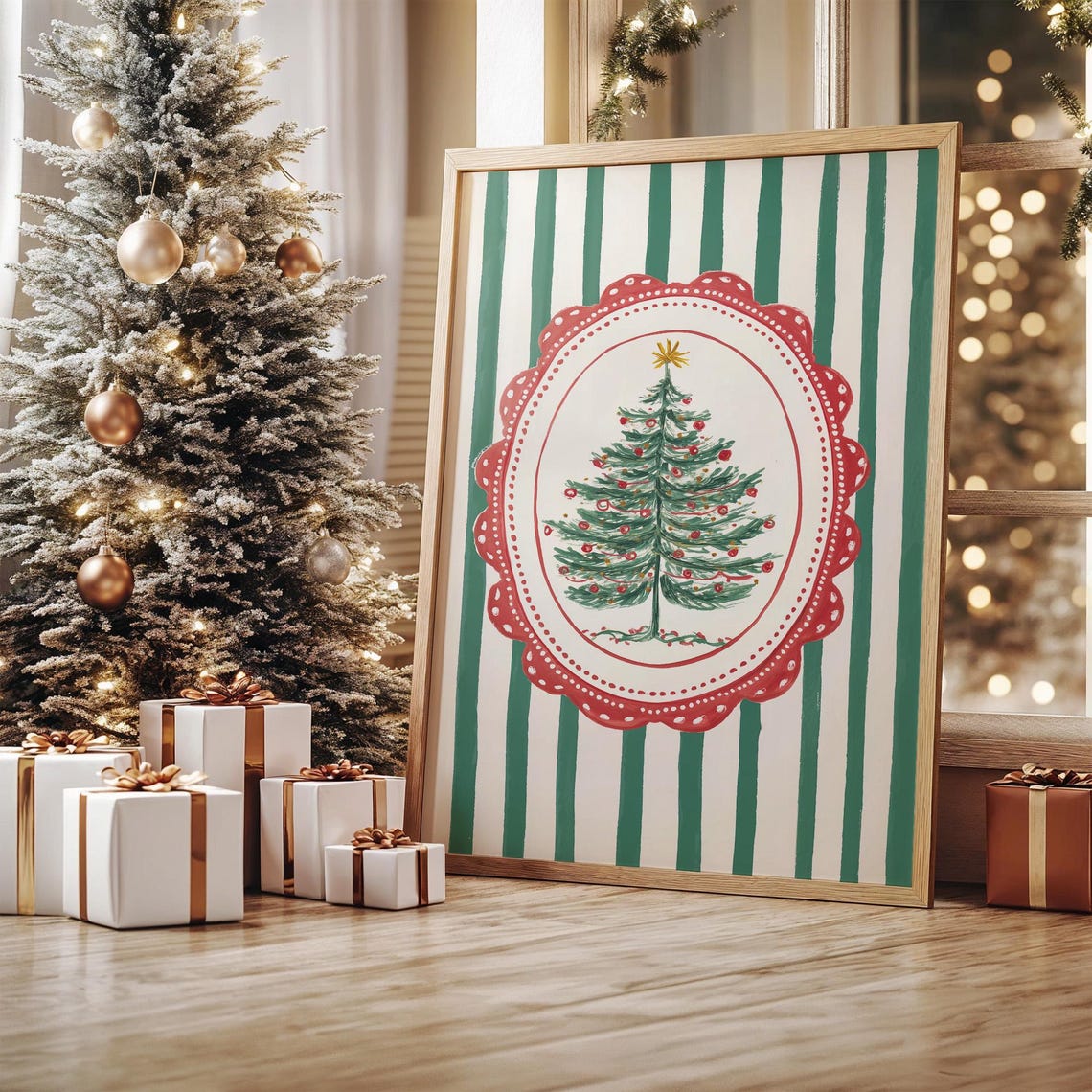 Green Striped Christmas Tree In Scalloped Vintage Frame Poster