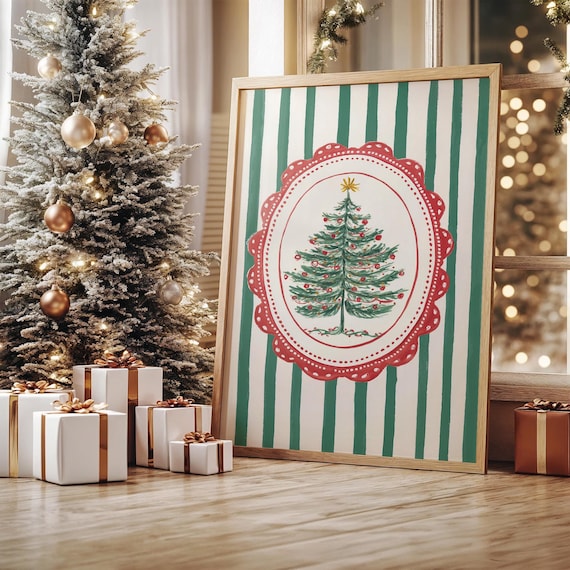Green Striped Christmas Tree In Scalloped Vintage Frame Poster