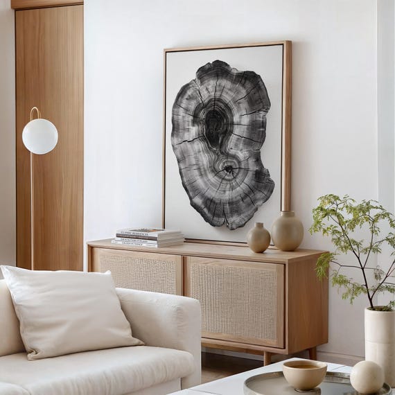 Vintage Tree Ring Wall Art Black White Organic Print Rustic Nature Inspired Decor For Modern Minimalist Spaces Unique Wood Texture