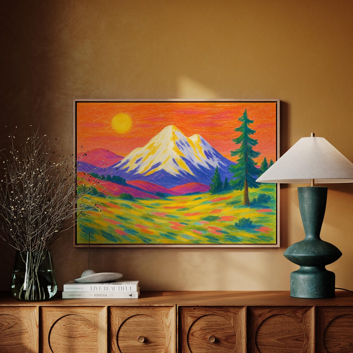 Vibrant Mountain Sunset Colorful Crayon Style Landscape Poster