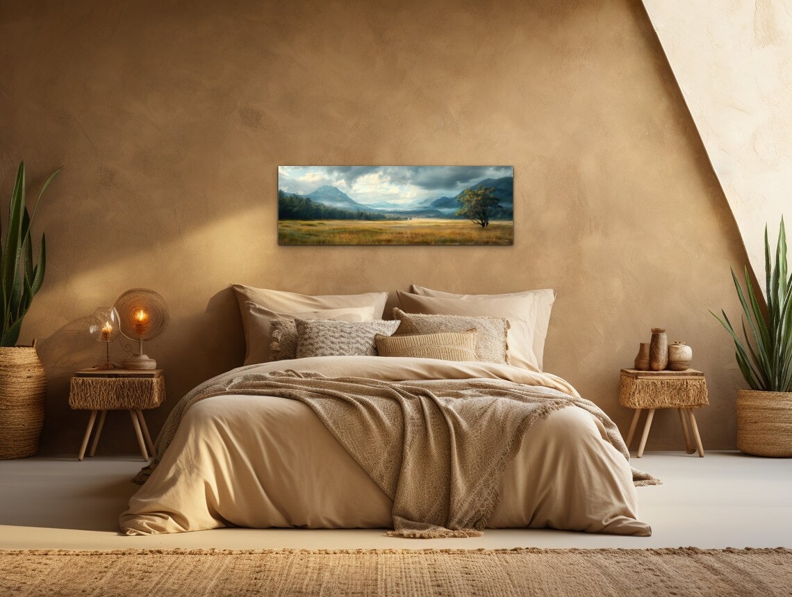 Cloudy Mountain Valley Golden Meadow Lone Tree Landscape Wall Poster - Image 5