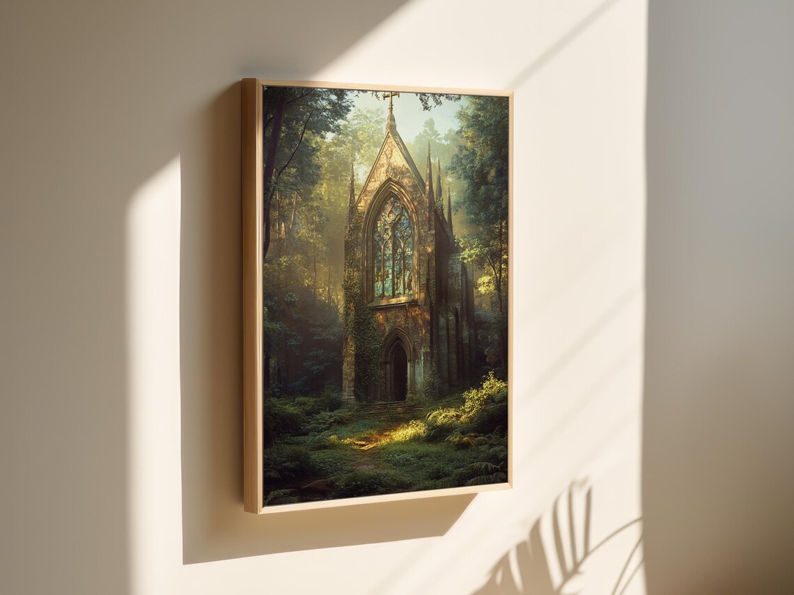 Abandoned Gothic Church, Sunlit Forest Art Print - Image 3
