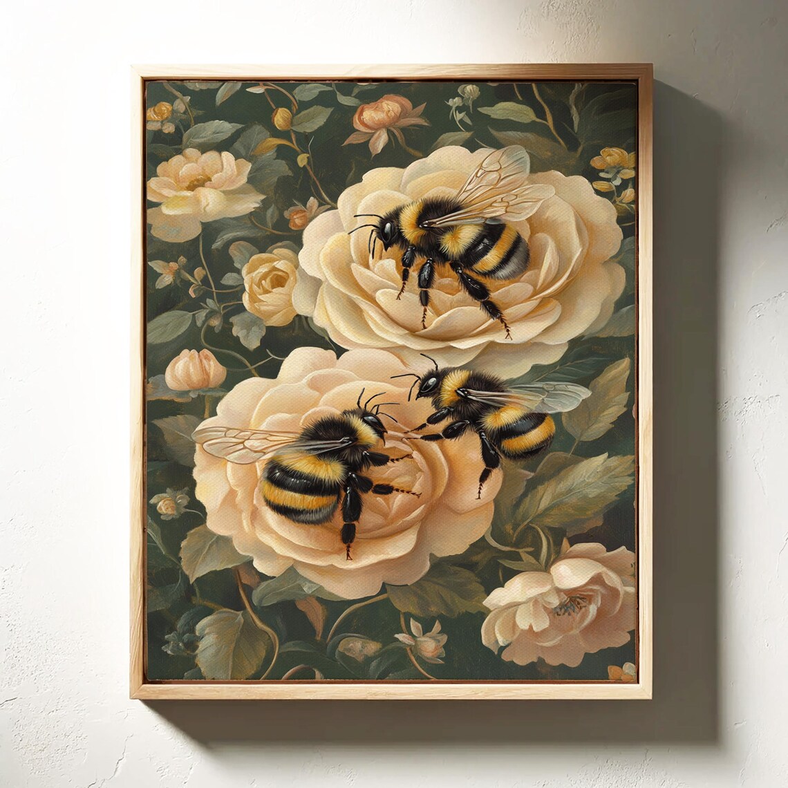 Bumblebees on Cream Roses Vintage Botanical Garden Nature Poster - Image 7