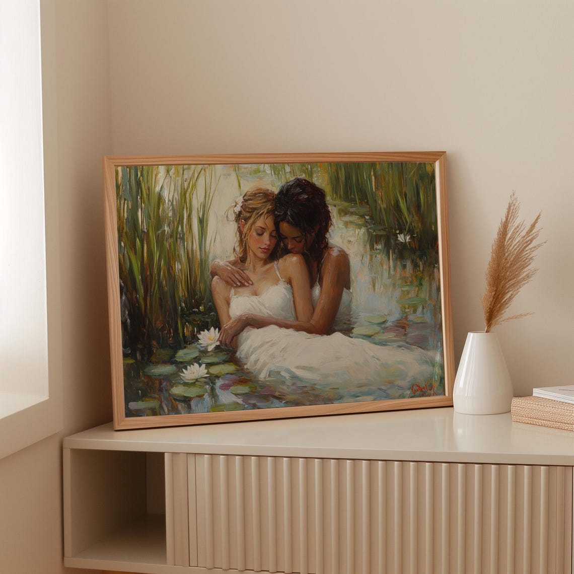 Romantic Oil Painting Of Two Women Embracing In Water Lilies Vintage Style Impressionist Canvas Wall Art For Bedroom Or Living Room