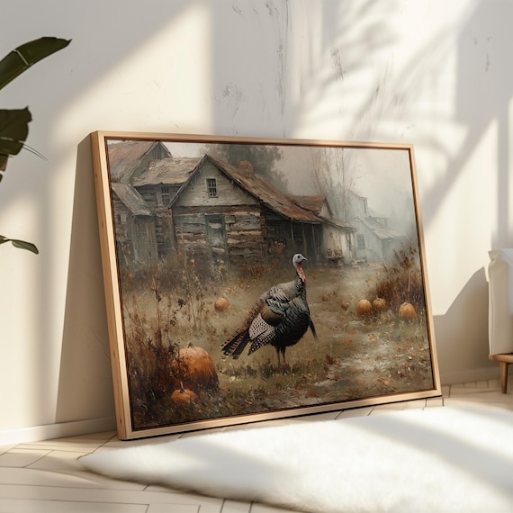 Rustic Turkey at Weathered Farmhouse Pumpkins Vintage Autumn Farm Print