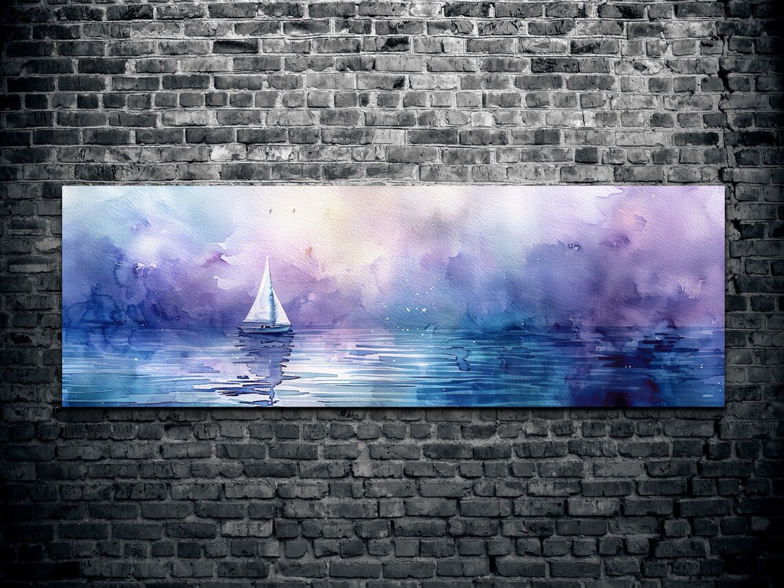 Watercolor Sailboat on Dreamy Purple Sea Coastal Nautical Poster - Image 2