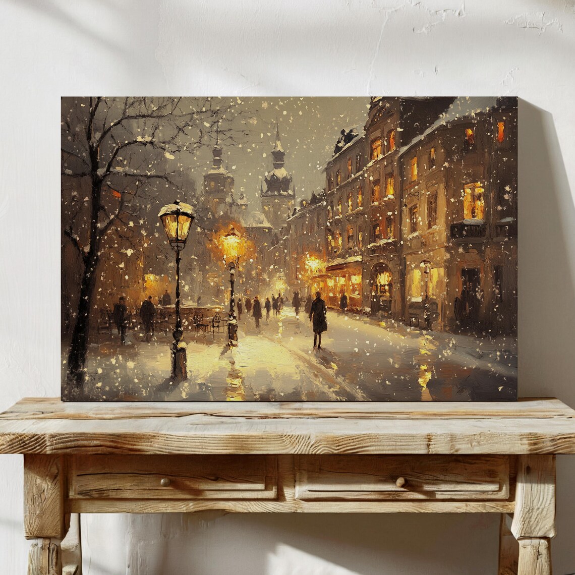 Snowy Evening City Street Lamps Old Town Winter Night Poster