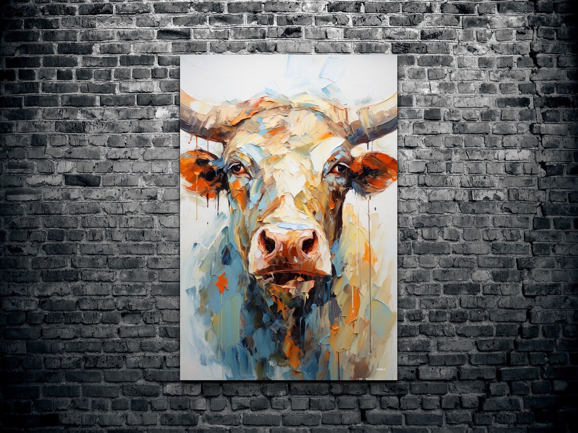 Longhorn Steer Portrait In Expressive Orange And Teal Oil Poster - Image 2