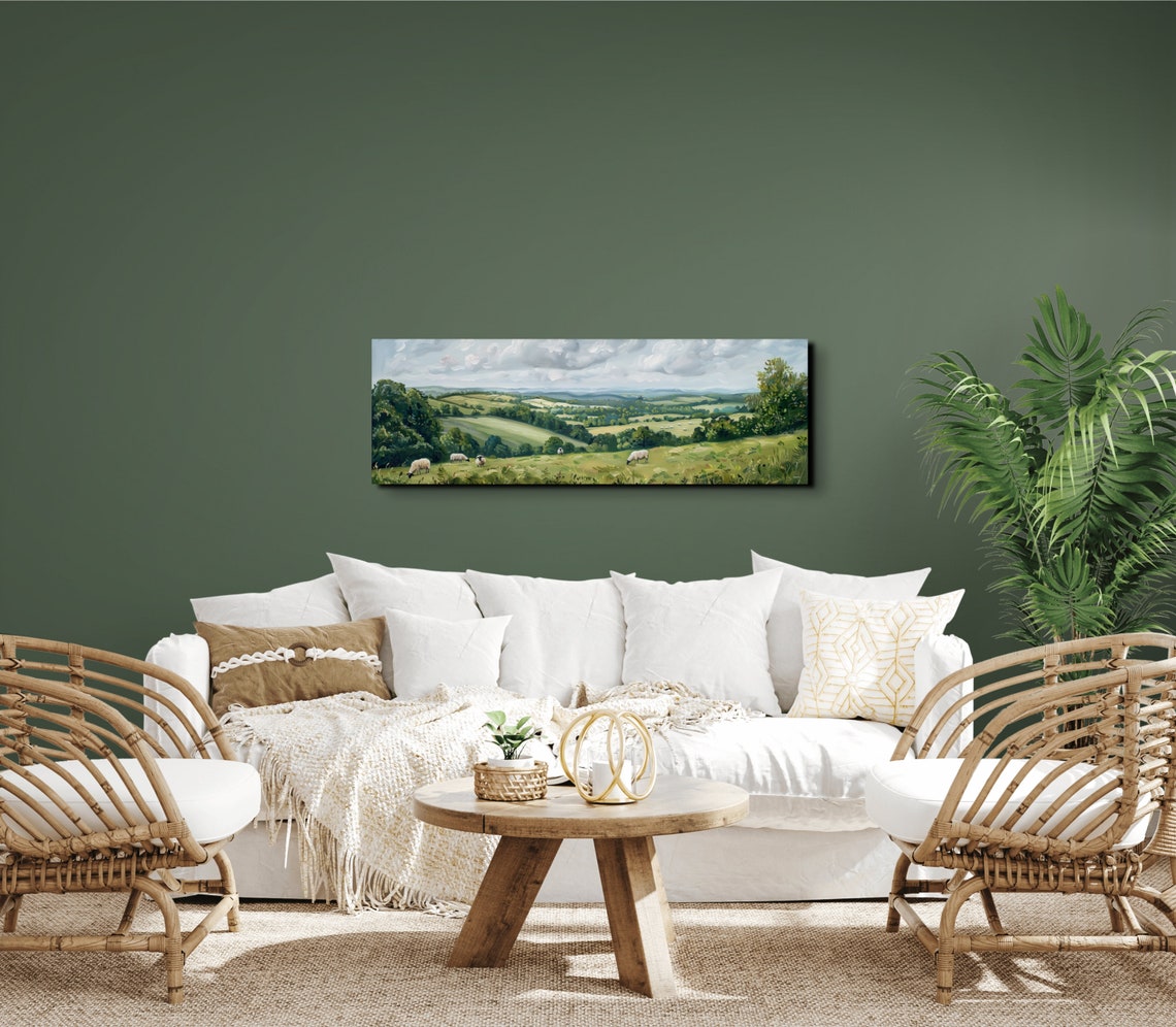 Sheep Grazing in a Lush Meadow Under a Cloudy Sky Panoramic Poster - Image 7