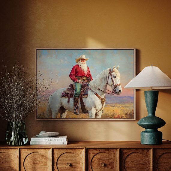 Cowboy Santa On White Horse Rustic Western Christmas Holiday Poster
