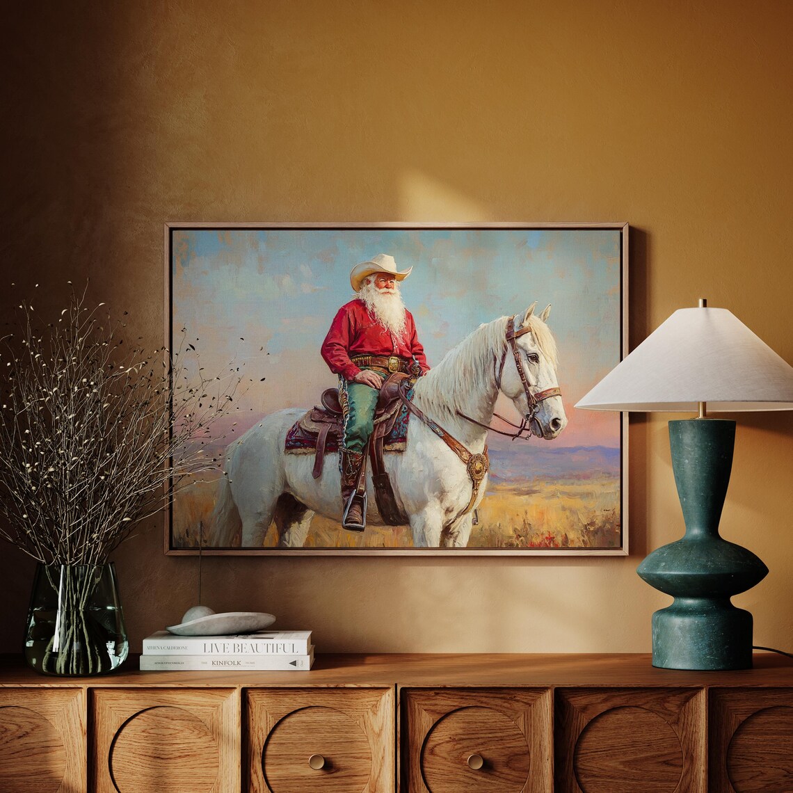 Cowboy Santa On White Horse Rustic Western Christmas Holiday Poster